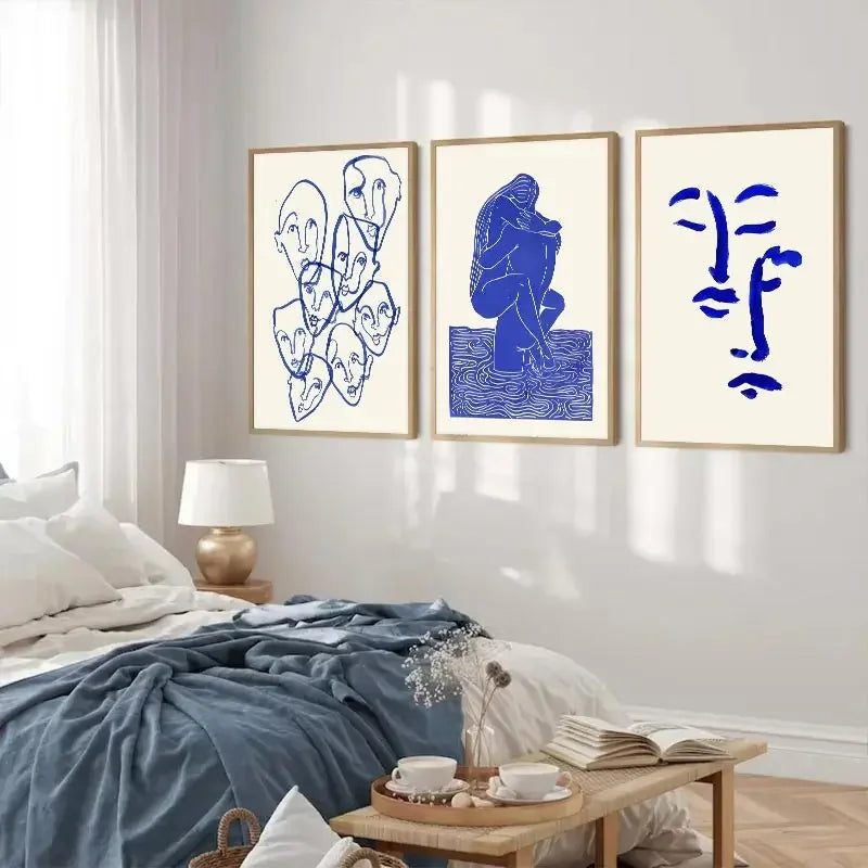 Abstract Line Face, Curve Striped Girl, Vase, Bird Canvas Painting Poster  for Home Decor  Living Room Wall Art for Bed Room