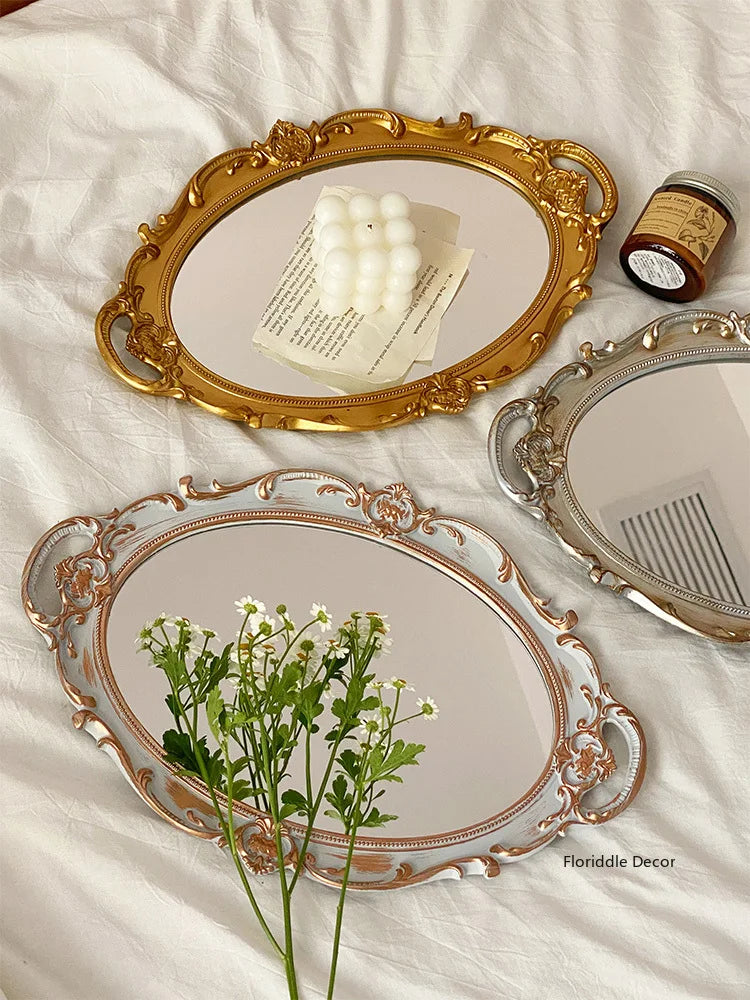 European Decorative Plate Storage Tray Oval Plate Jewelry Display Rotary Candy Decor Tray Mirror Decorative Make Up Mirror