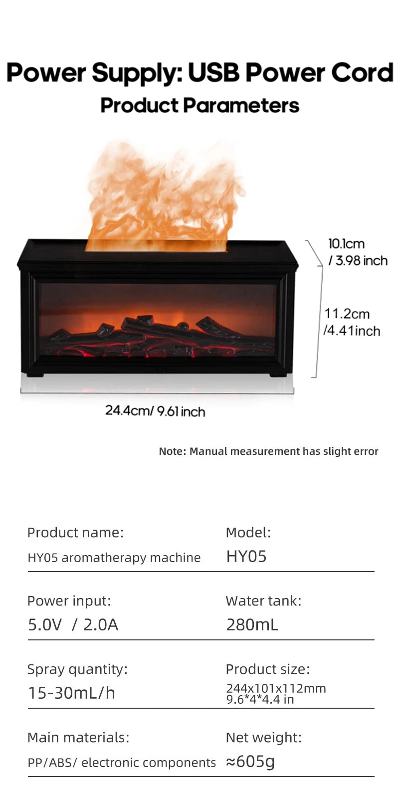 New Colorful Flame Mini Fireplace Aroma Diffuser 280ml Waterless Auto-Off Air Humidifier with Timer Remote Control for Home Gift