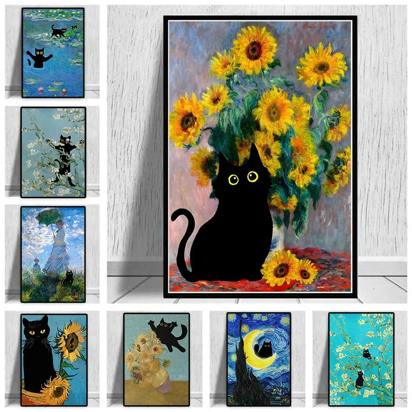Funny Black Cat Wall Art Van Gogh Poster Abstract Famous Reproduction Canvas Painting Aesthetic Room Home Decor