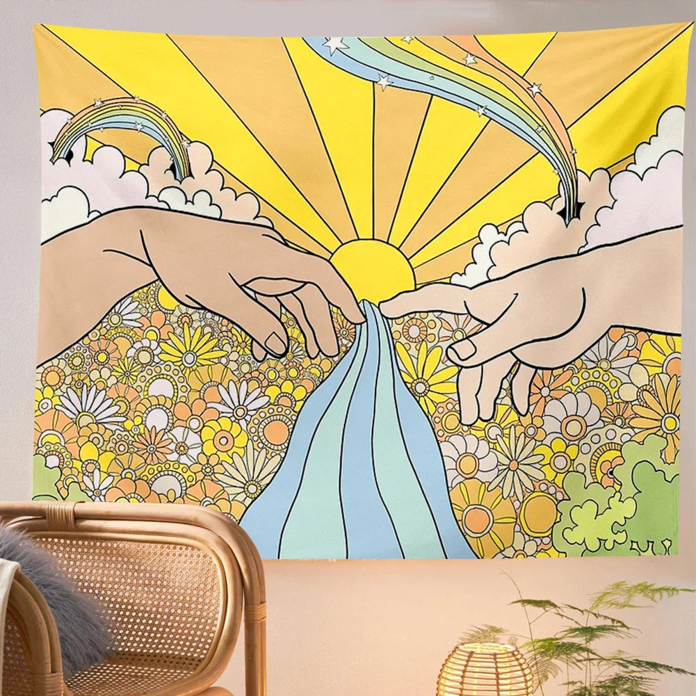 Vintage Sun and Moon Tapestry Retro 70s Rainbow Sunrise Sunset Abstract Boho Wall Hanging Hippie Meditation Bohemian Decor Tapiz