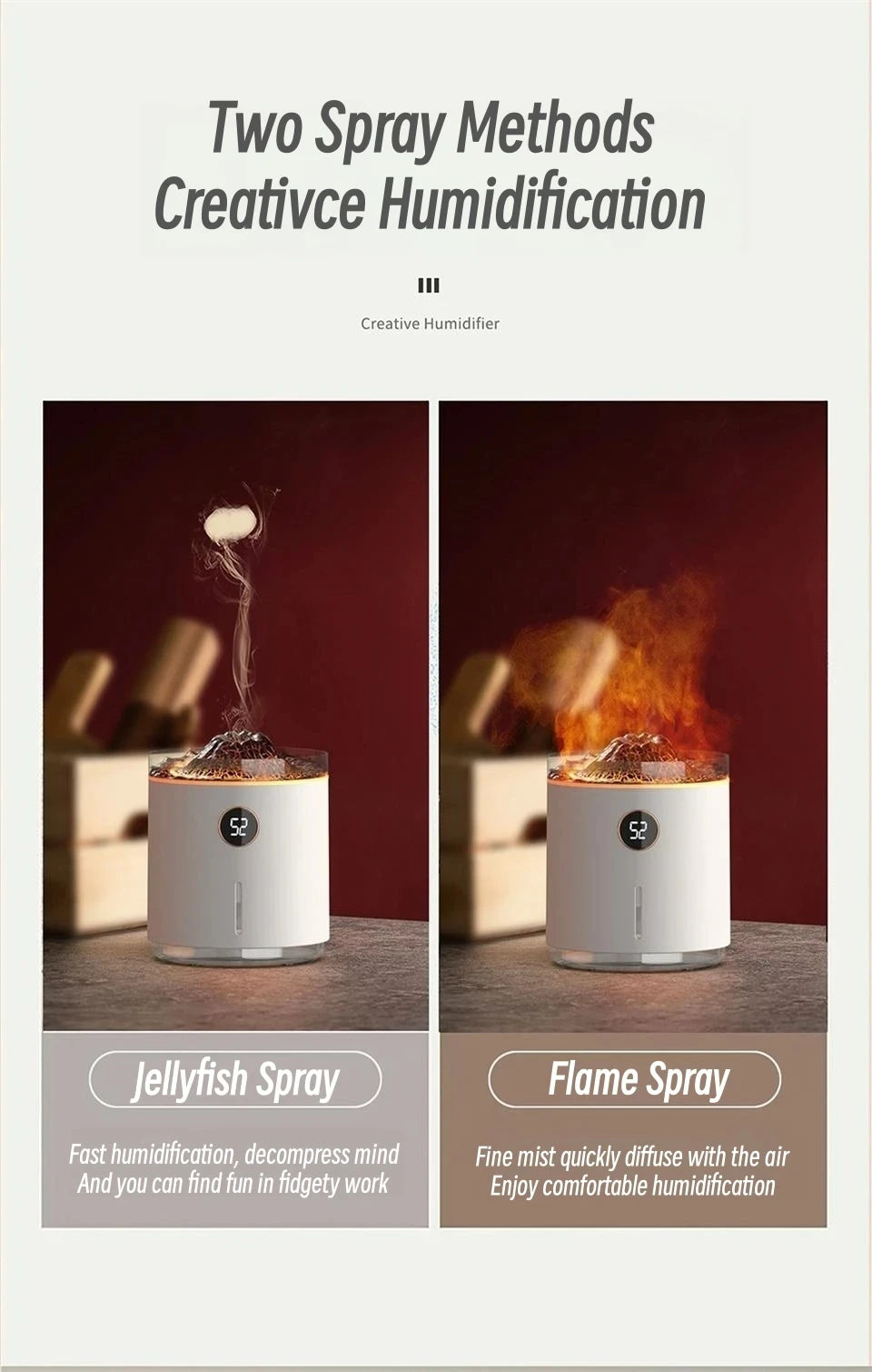 350ml USB Charging Air Humidifier Ultrasonic Aroma Essential Oil Diffuser with Volcano Flame Lamp Mini Portable Mist Humidifier