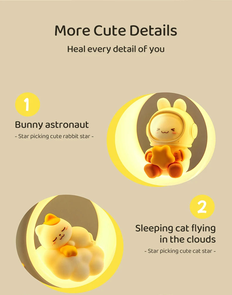 3Style Moon Night Light Cute Rabbit Cat Panda Lamps Room Bedside Decoration USB Rechargeable Kawii Animal Gift Warm Soft Light