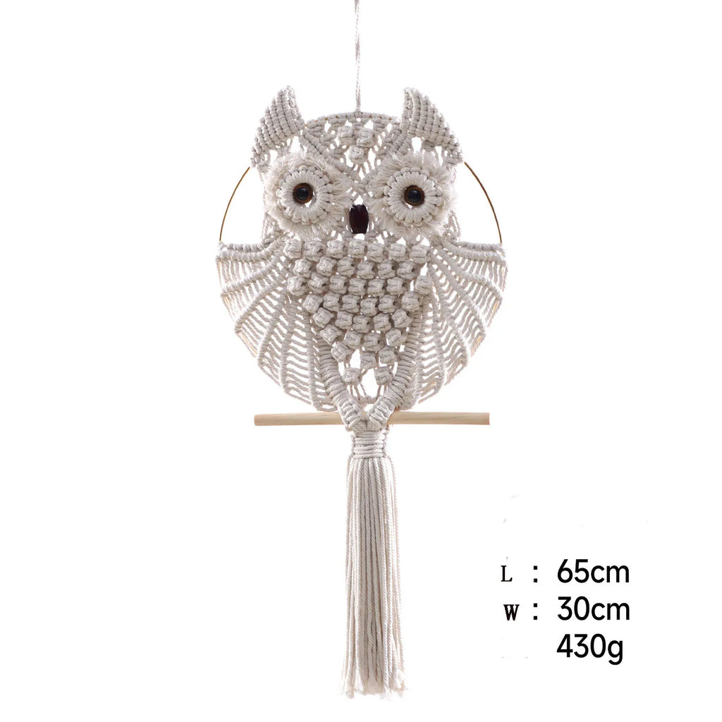 Boho Owl Macramé Wall Hanging Handwoven Lace Tapestry Natural Fiber Bohemian Room Decor Artisan Crafted Accent Piece