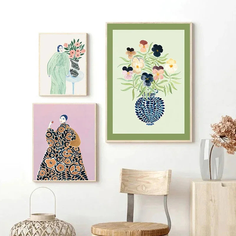 Tulip Violets Vase Woman Coat Flower Posters Light Green Abstract Aesthetics Canvas Painting Print Pictures Living Room Decor