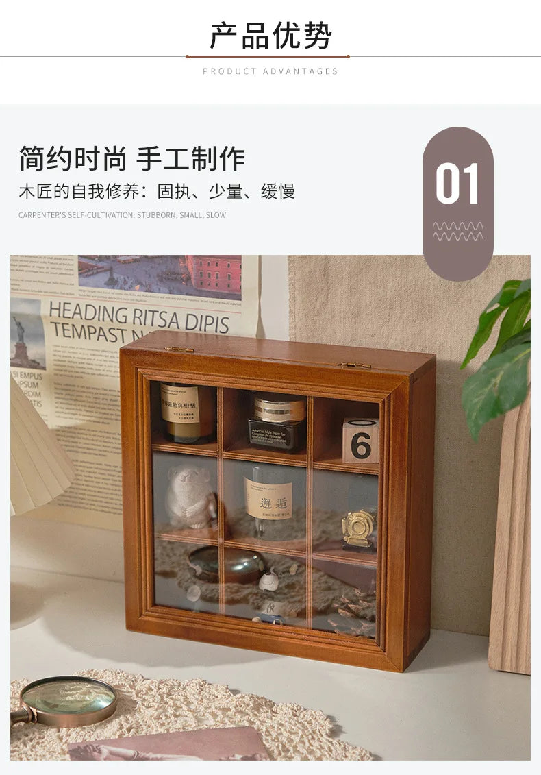 Vintage Desktop Jewelry Storage Box Household Solid Wood Desktop 9 Grids Figure Jewelry Storage Organization Rack