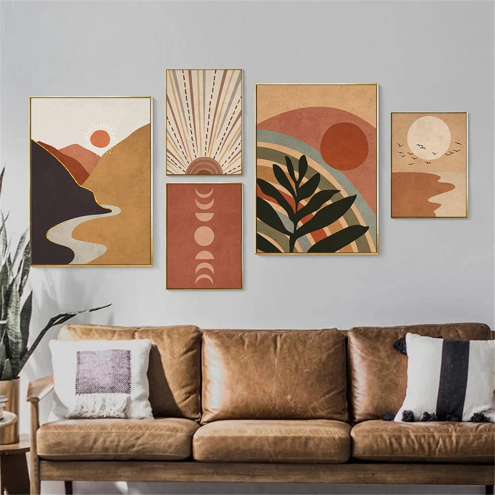 Mid Century Modern Orange Terracotta Boho Posters Wall Art Print Pictures Sun Canvas Painting Vintage Wall Poster Bedroom Decor