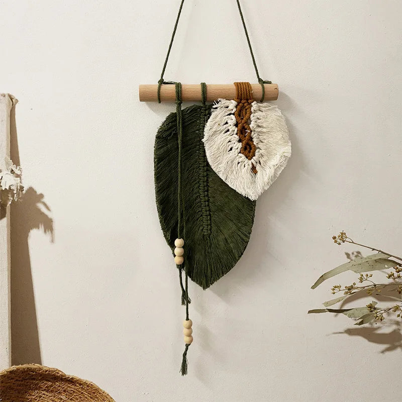 Small Macrame Wall Hanging Boho Woven Leaf Macrame Tapestry Wall Art for Bedroom Home Room Decor GIft for Women Girls