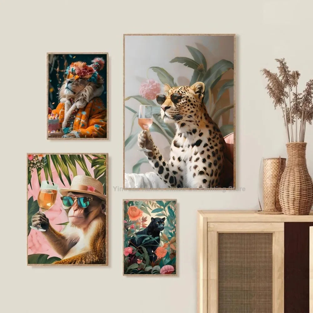 1PC Modern Maximalist Boho Wall Art Animals Leopard Lion Giraffe Monkey Poster Self-adhesive Art Waterproof Paper Sticker Coffee