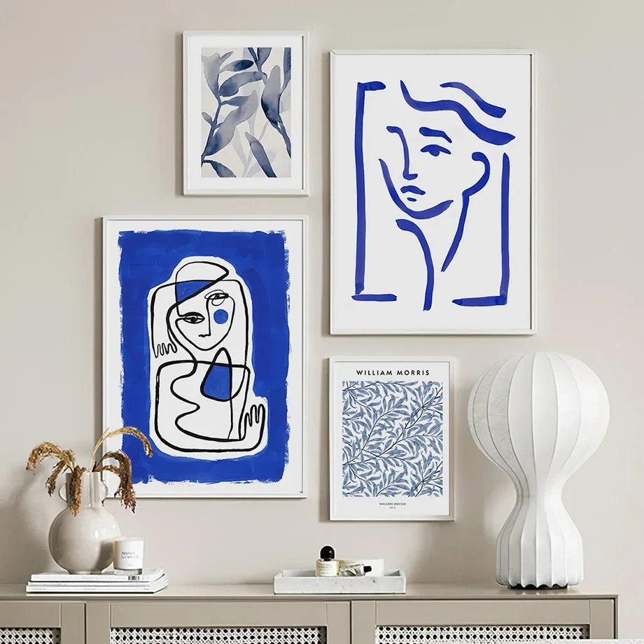 Scandinavian Simple Abstract Wall Art Blue Girl Body Lines Face HD Canvas Poster Print Home Bedroom Living Room Decoration