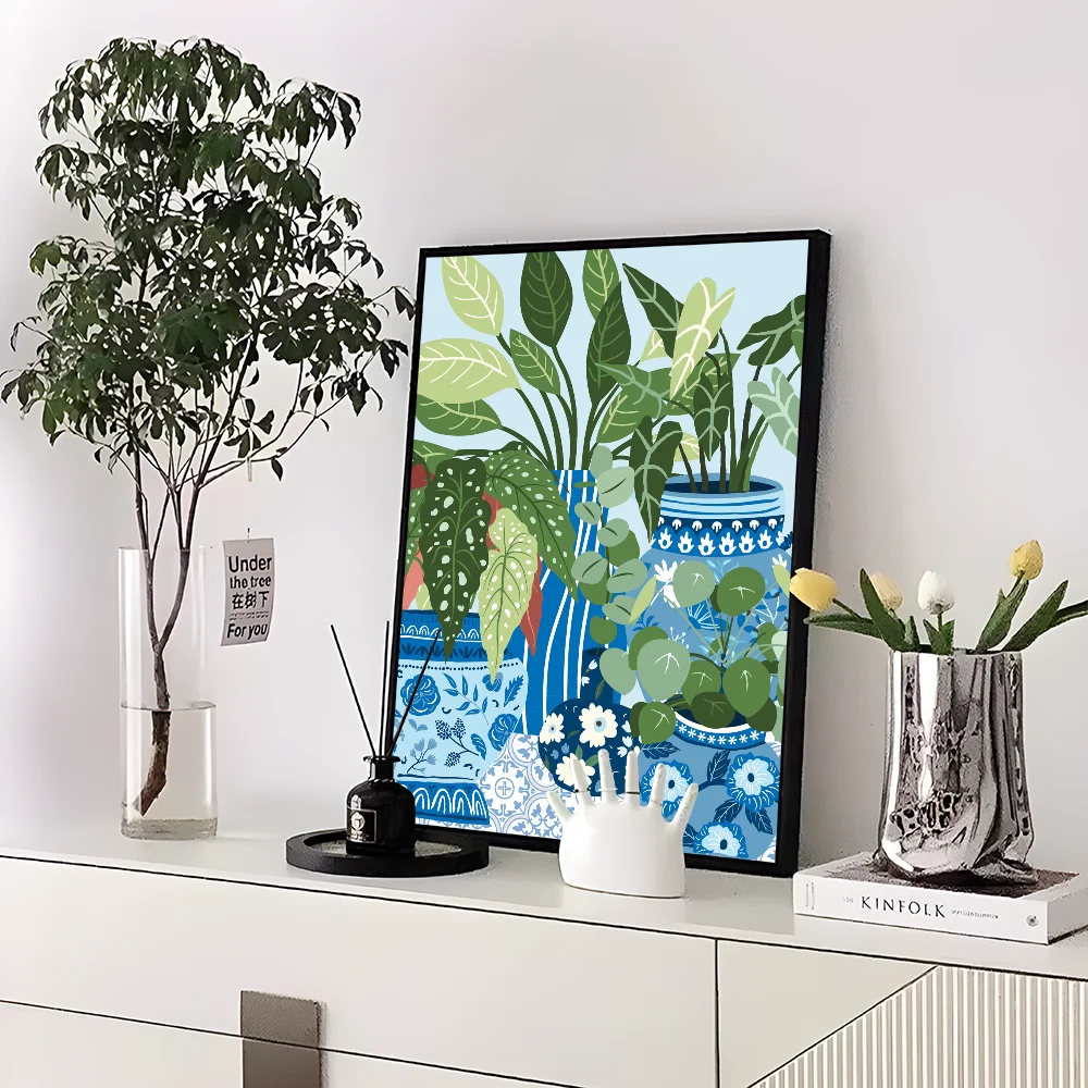 Greek Tile Botanical Plants Art Boho Green Leaves  Self-adhesive Art Poster Whitepaper Sticker DIY Room Bar Cafe Wall Decor