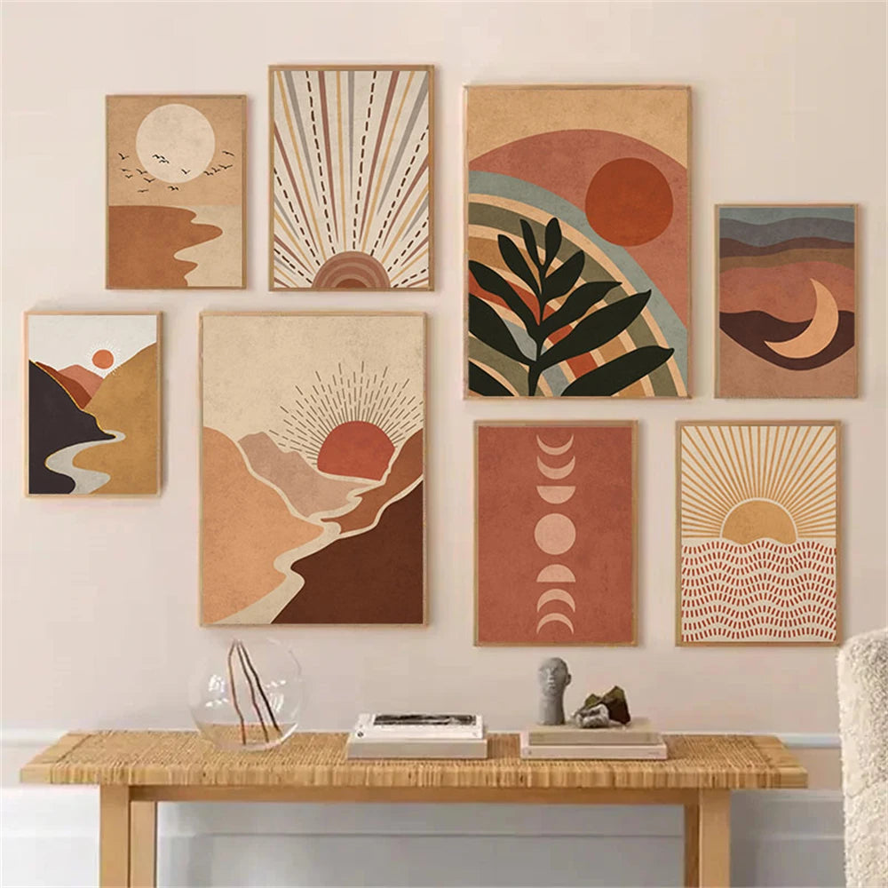 Mid Century Modern Orange Terracotta Boho Posters Wall Art Print Pictures Sun Canvas Painting Vintage Wall Poster Bedroom Decor