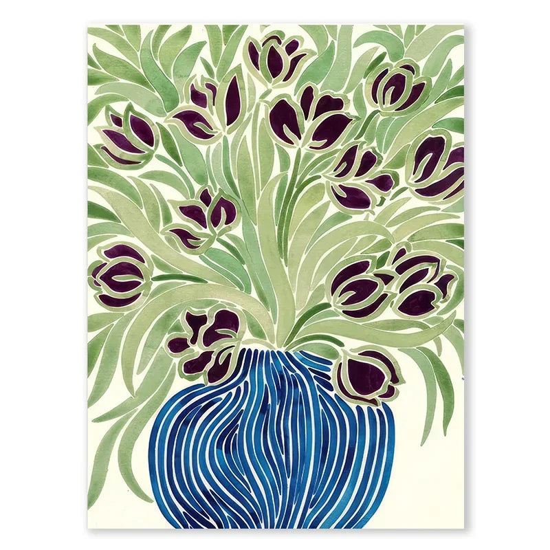 Tulip Violets Vase Woman Coat Flower Posters Light Green Abstract Aesthetics Canvas Painting Print Pictures Living Room Decor