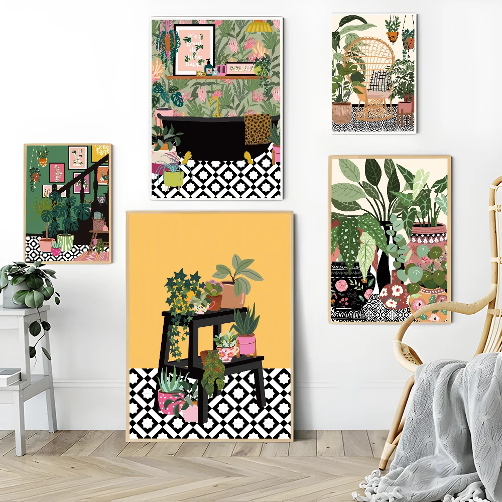 Greek Tile Botanical Plants Art Boho Green Leaves  Self-adhesive Art Poster Whitepaper Sticker DIY Room Bar Cafe Wall Decor