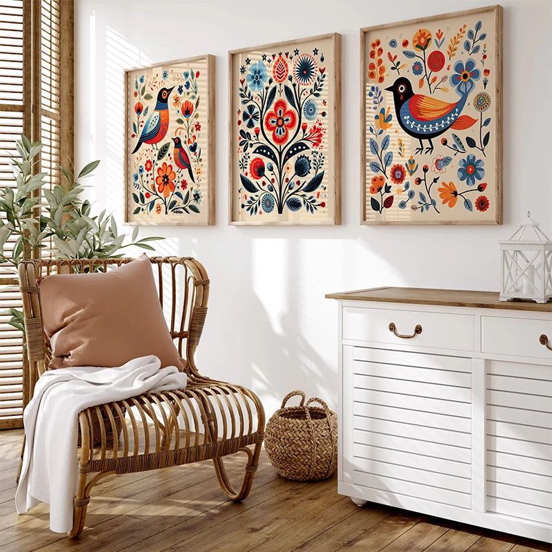 Norwegian Folk Art Floral Bird Poster Nordic Print Abstract Canvas Painting Scandinavian Wall Art Picture Living Room Home Decor