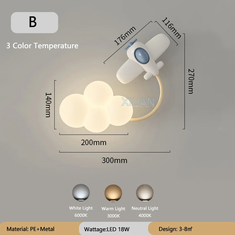 Cartoon Airplane Wall Lights PE Lampshade Star Rainbow Kite Hot air balloon Cloud Night Light Children Bedroom Bedside Wall Lamp