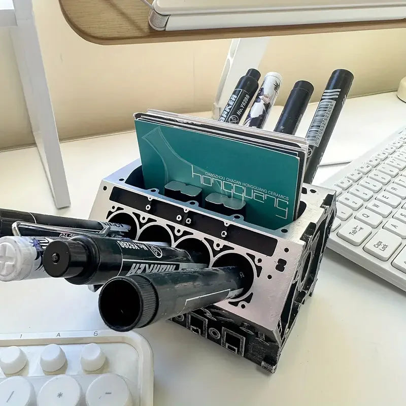 Creative Engine Block Desk Organizer Business Card Pen Holder Perfect Gift for Car Enthusiasts Resin Construction