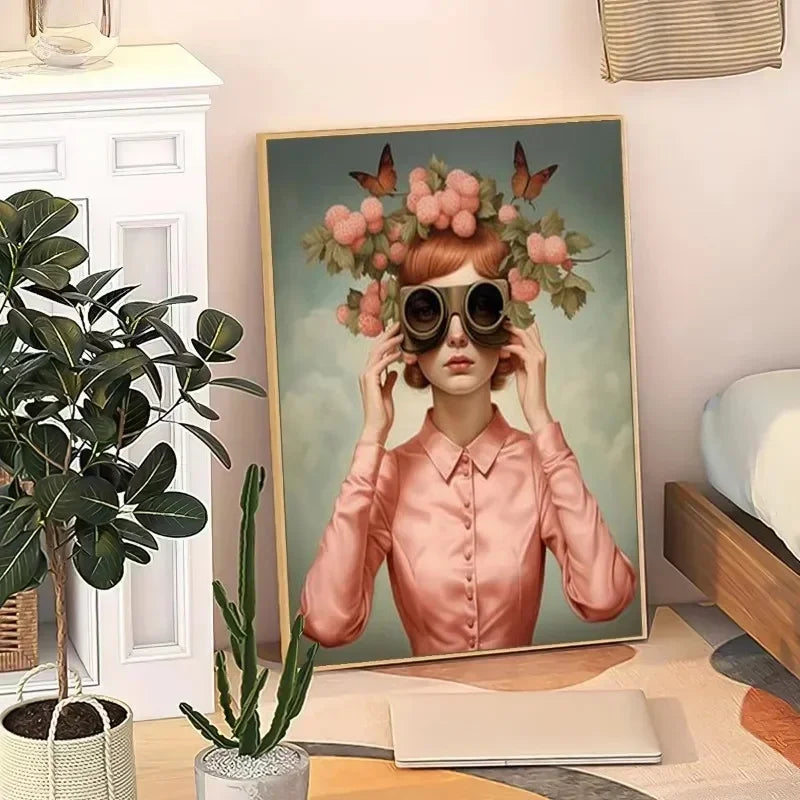 3pcs Nordic Boho Fashion Glasses Woman with Flowers Wall Art Canvas Painting Butterfly Girl Portrait Poster Prints Mural Picture