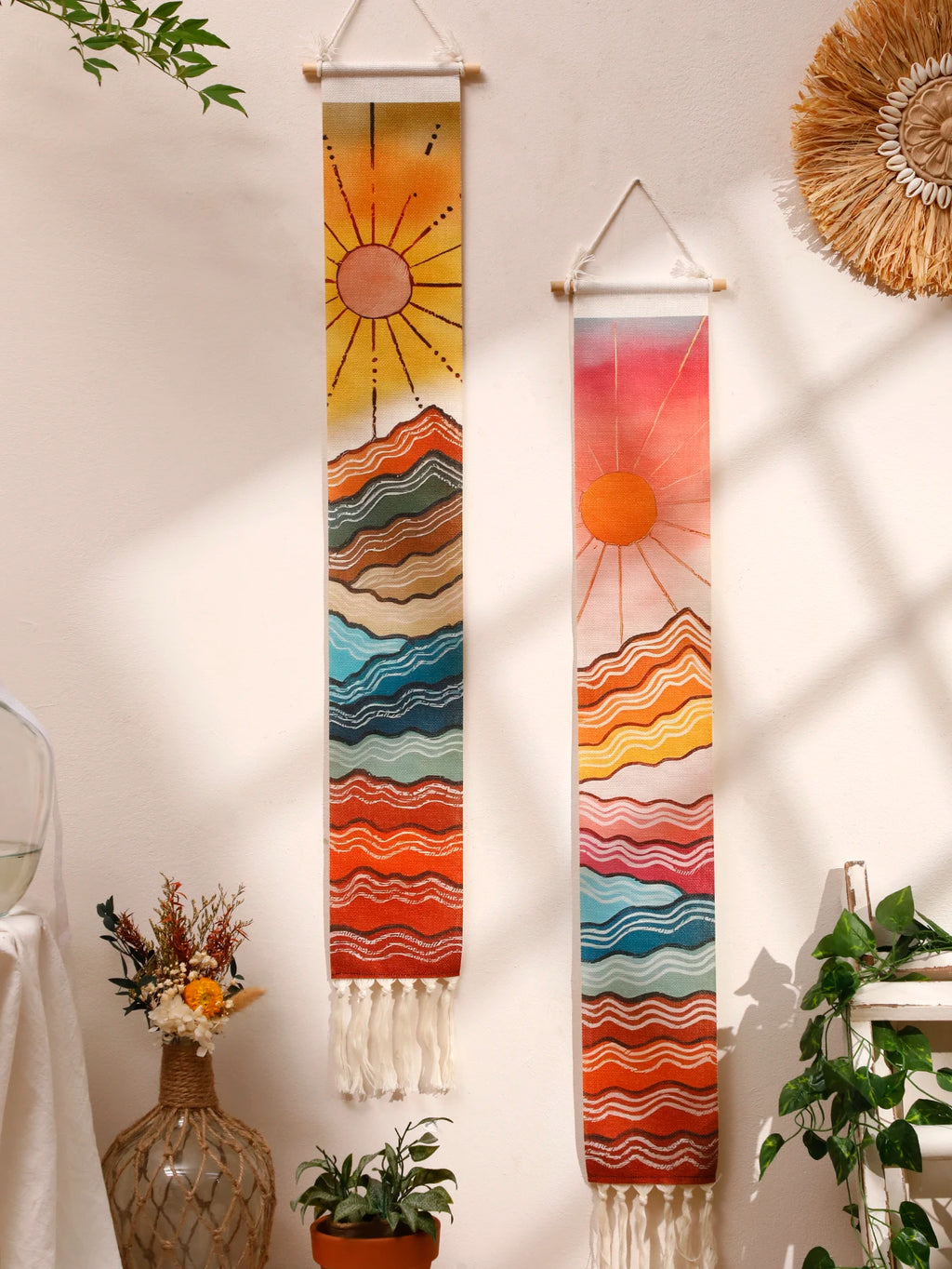Macrame Tapestry Sunset Sunrise Handmade Wall Tapestries Boho Art Home Decoration Wall Hanging for Living Room Bedroom Ornament