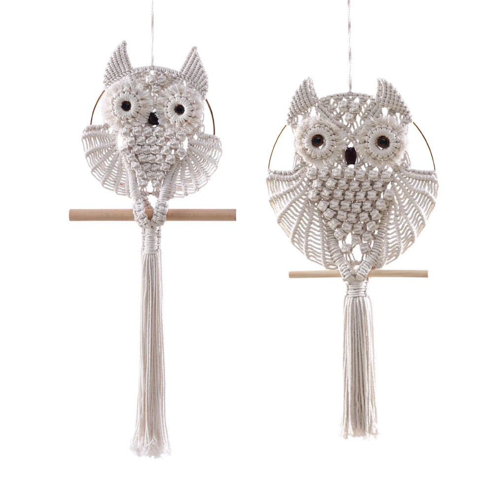 Boho Owl Macramé Wall Hanging Handwoven Lace Tapestry Natural Fiber Bohemian Room Decor Artisan Crafted Accent Piece