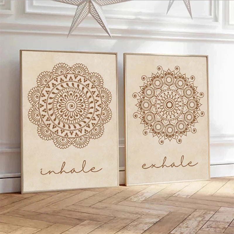 Abstract Mandala Wall Art Yoga Beige Bohemia Prints Inhale Exhale Canvas Painting Posters Line Flower Pictures Living Room Decor