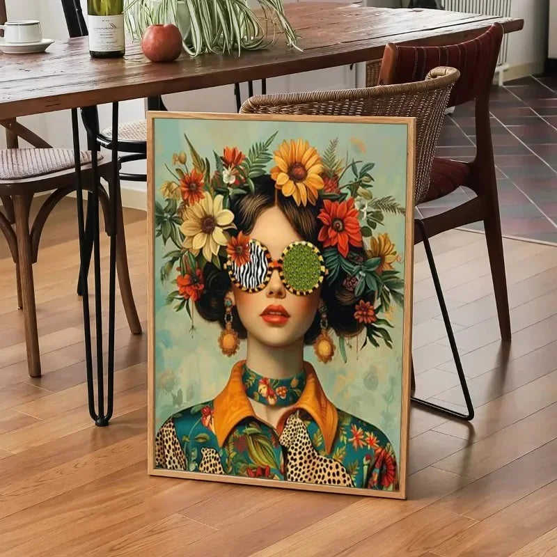 3pcs Nordic Boho Fashion Glasses Woman with Flowers Wall Art Canvas Painting Butterfly Girl Portrait Poster Prints Mural Picture