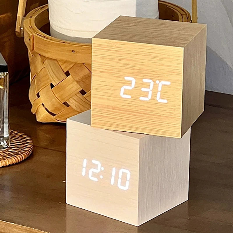 Wooden Digital Alarm Clock with Temperature Cube Electronic Control Clocks LED Alarm Clock Office Decoration Room Desk Decor
