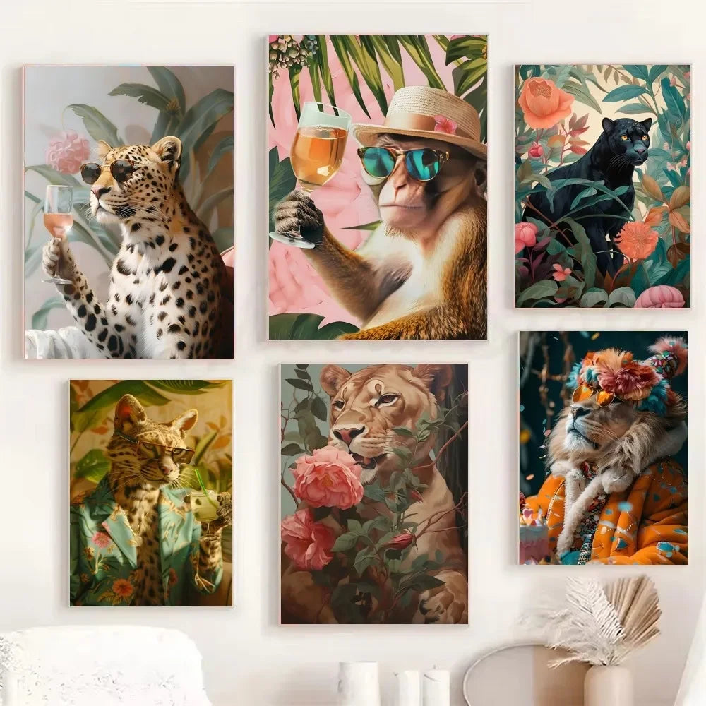 1PC Modern Maximalist Boho Wall Art Animals Leopard Lion Giraffe Monkey Poster Self-adhesive Art Waterproof Paper Sticker Coffee