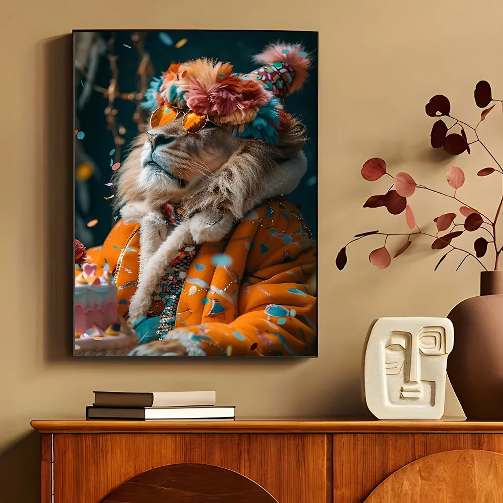 1PC Modern Maximalist Boho Wall Art Animals Leopard Lion Giraffe Monkey Poster Self-adhesive Art Waterproof Paper Sticker Coffee