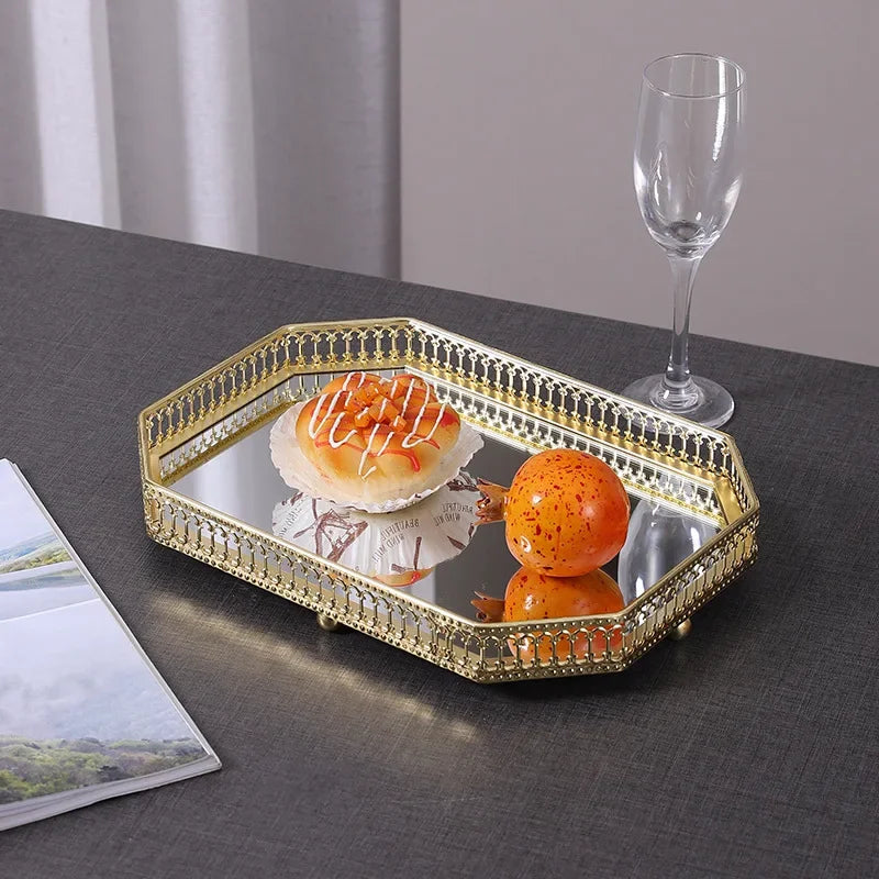 Luxury Mirror Metal Tray Cafe Restaurant Home Entrance Storage Tray Sample Pose Decoration Props Trays Decorative