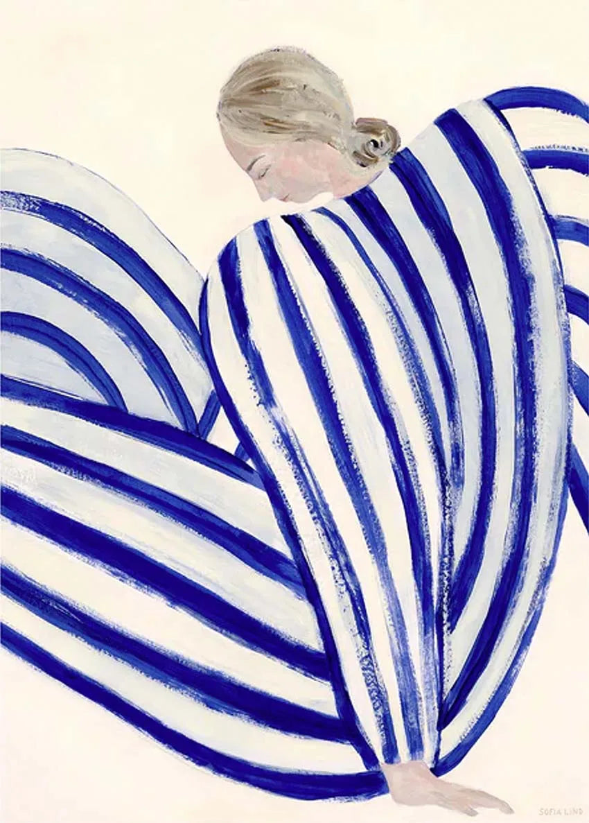 Abstract Nordic Figure Lines Girl Reading Book Posters Prints Wall Art Canvas Painting Blue Strip Wall Picture Home Room Decor