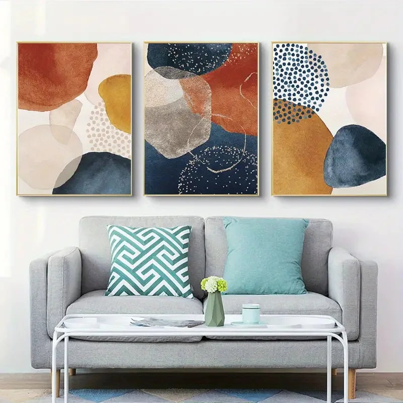 3pcs Modern Abstract Art Canvas Painting Orange Blue Color Block Golden Line Poster Living Room Posters Prints Wall Decoration