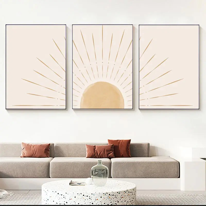 Boho Wall Art Yellow Sun Rising on the Horizon Geometric Nature Illustrations Line Art Wall Mid Century Modern Posters and Print