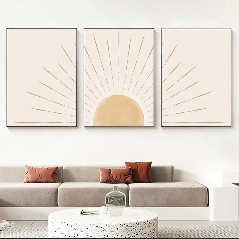 Boho Wall Art Yellow Sun Rising on the Horizon Geometric Nature Illustrations Line Art Wall Mid Century Modern Posters and Print