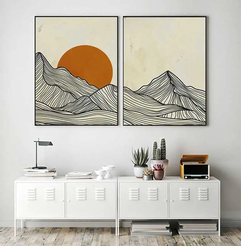 Minimalist Sun Mountain Line Abstract Wall Art, Nordic Posters Prints, Minimalist Image, Canvas Painting, Room Decoration, Set 3