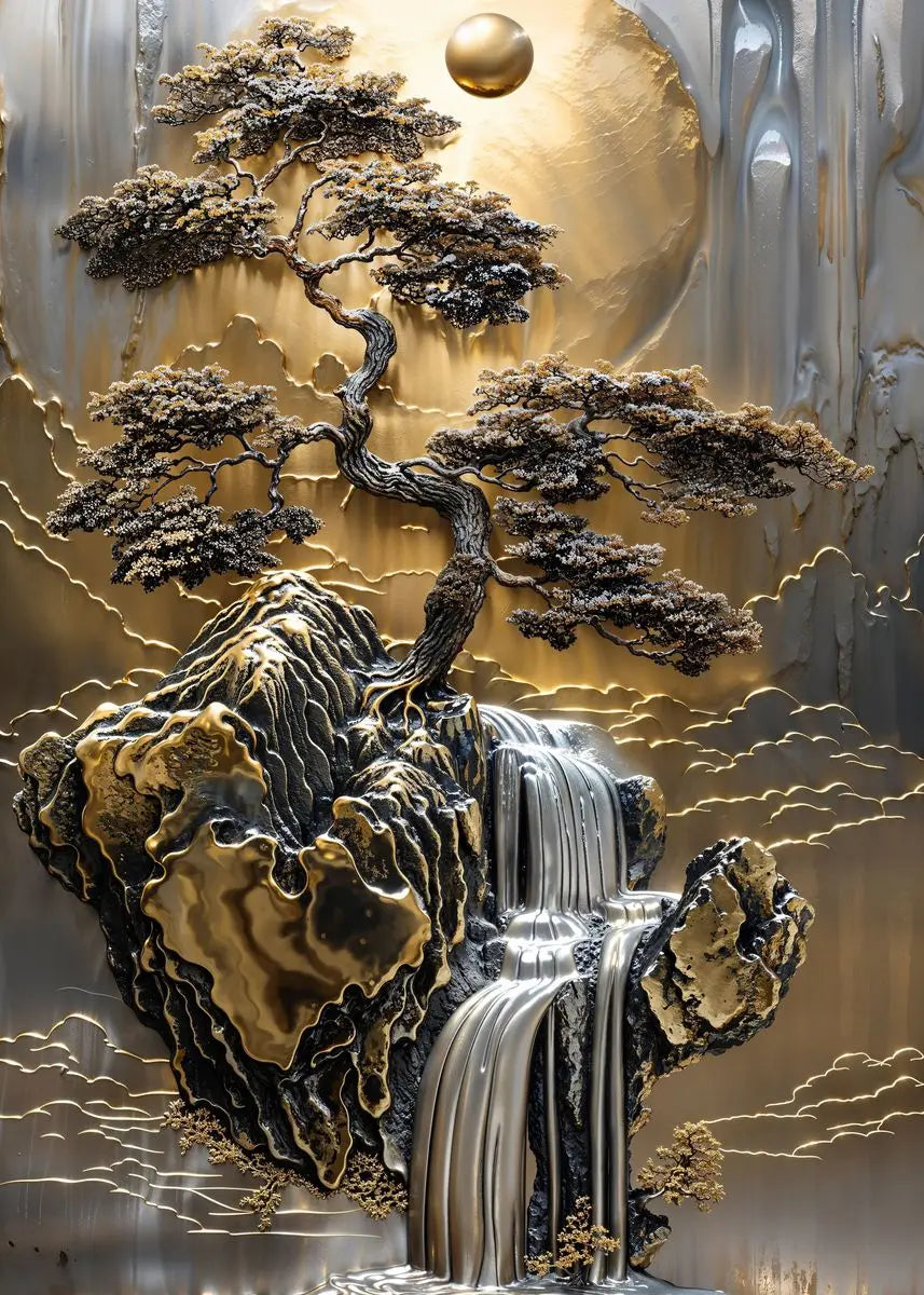 Golden Tree and Moon Abstract Painting Canvas Print, Luxury Wall Art, Minimalist Poster, Asian Style Pictures For Home Interior