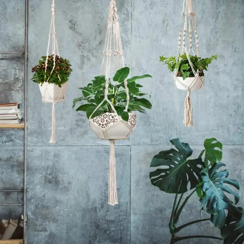 Gardening Green Plant Hanging Basket DIY Plant Flowers Holder Handmade Macrame Pot Pocket Wall Boho Courtyard Home Decoration