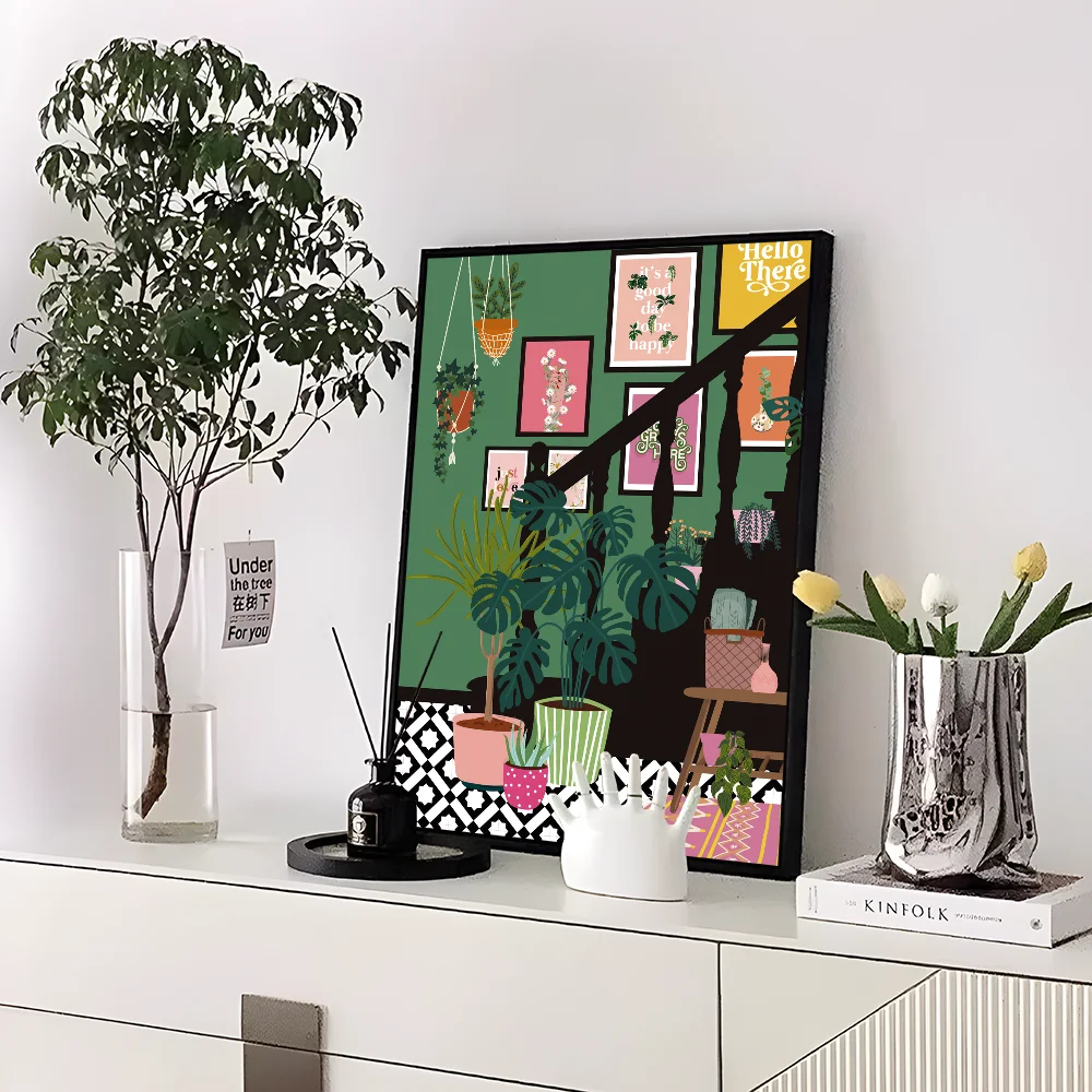 Greek Tile Botanical Plants Art Boho Green Leaves  Self-adhesive Art Poster Whitepaper Sticker DIY Room Bar Cafe Wall Decor