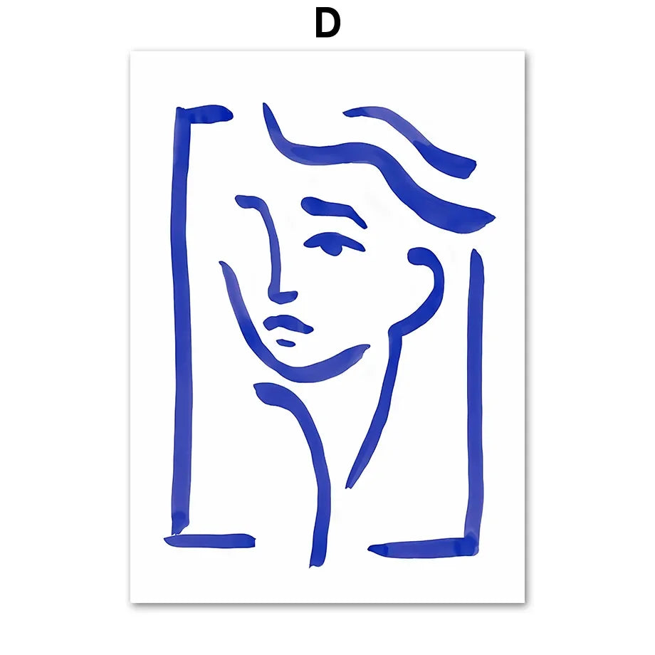 Scandinavian Simple Abstract Wall Art Blue Girl Body Lines Face HD Canvas Poster Print Home Bedroom Living Room Decoration