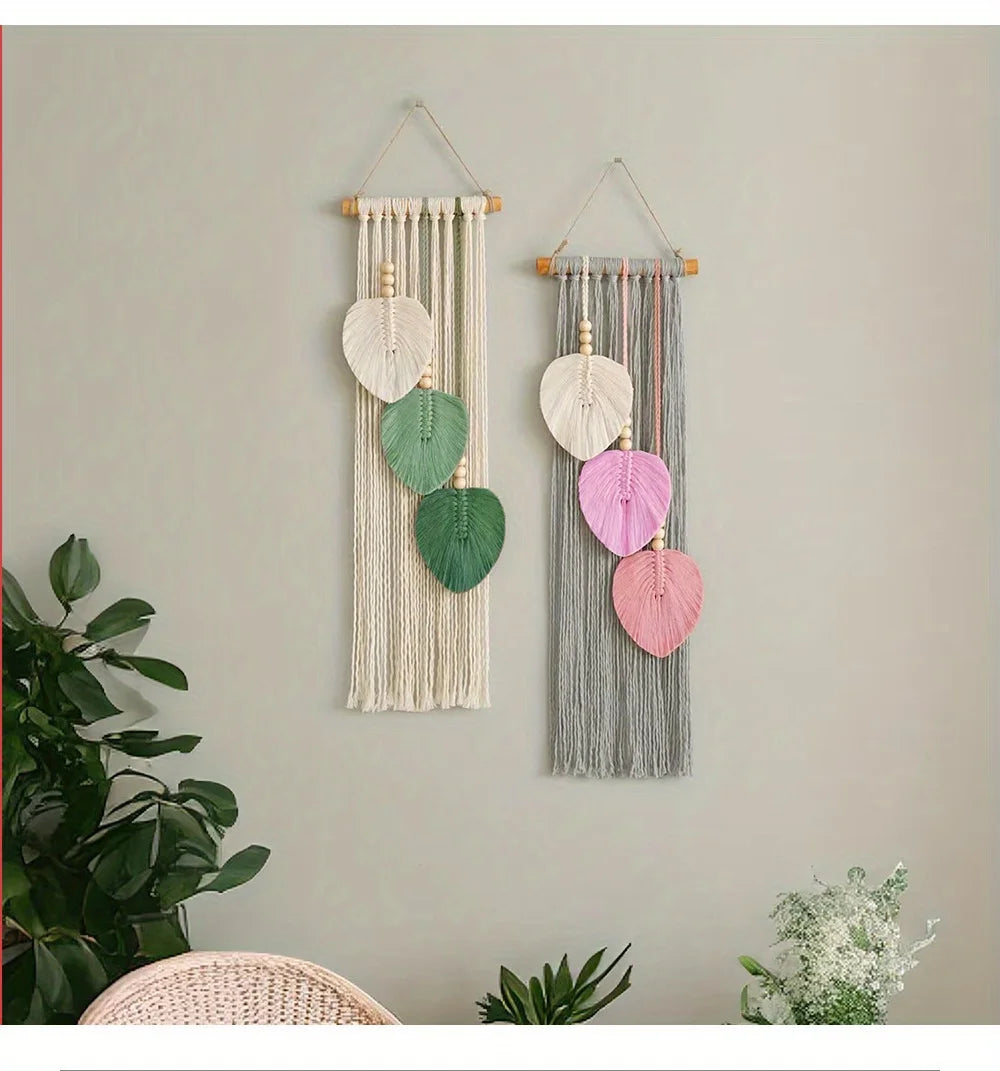 1 pc Macrame Woven Hanging Tapestry, 3 Leaves, Boho Hanging Tapstry Hanging on The Wall, Wall Decoration