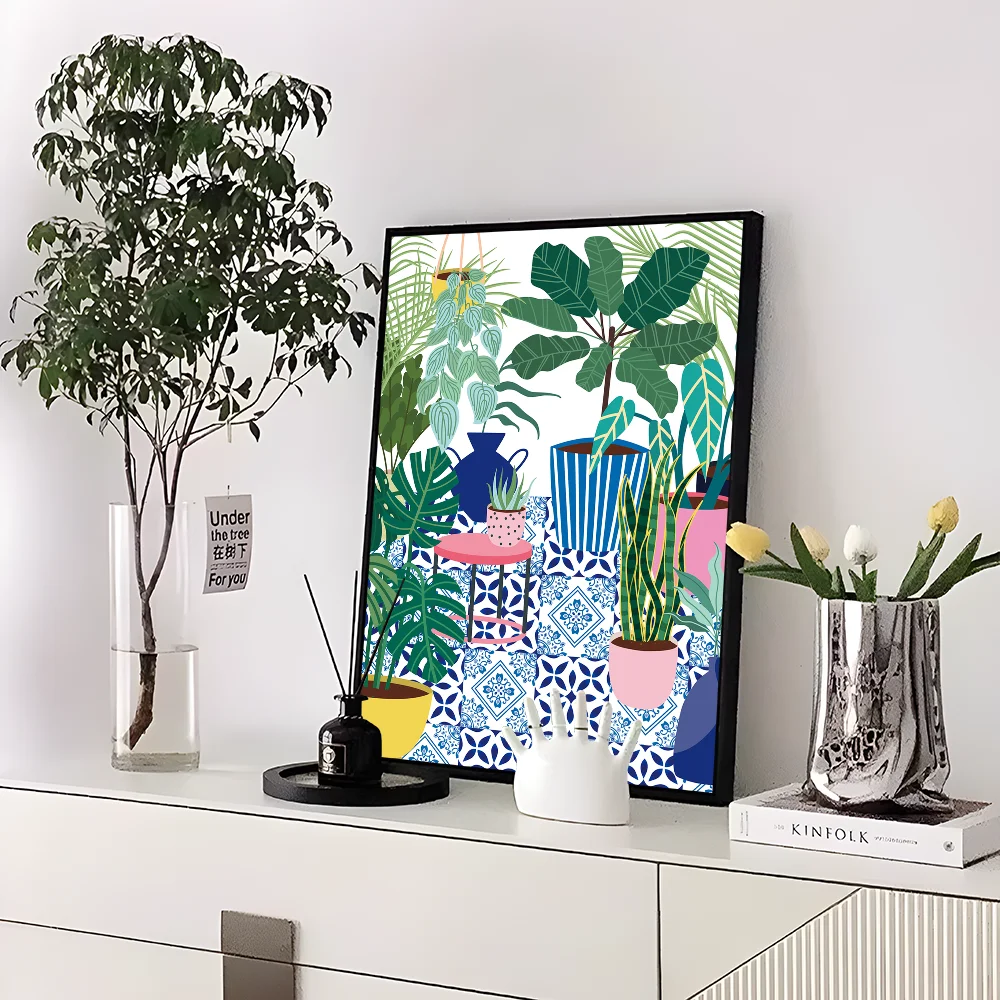 Greek Tile Botanical Plants Art Boho Green Leaves  Self-adhesive Art Poster Whitepaper Sticker DIY Room Bar Cafe Wall Decor