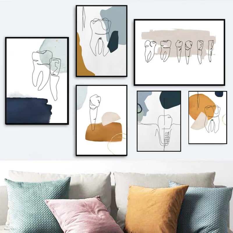 Tooth Wall Art Modern Dental Clinic Oil Painting Aesthetics Abstract Line Posters And Printed Pictures Dentist Office Decoration