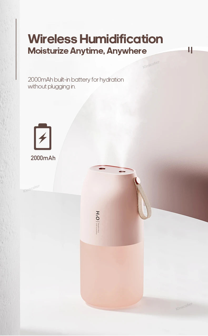 Dual Jet Air Humidifier 300ml, Ultrasonic Cool Mist Diffuser Replenish Humidity, Portable 2000mAh Air Freshener Purifier