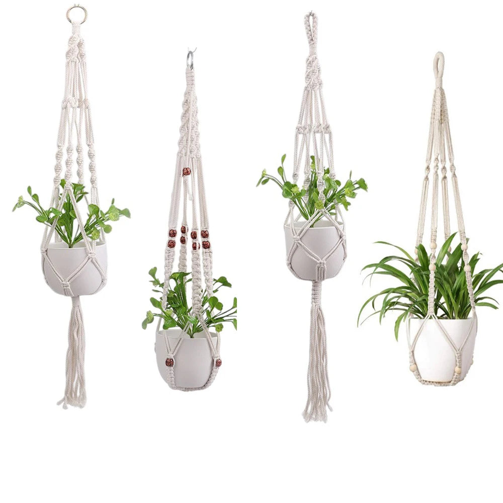 Gardening Green Plant Hanging Basket DIY Plant Flowers Holder Handmade Macrame Pot Pocket Wall Boho Courtyard Home Decoration