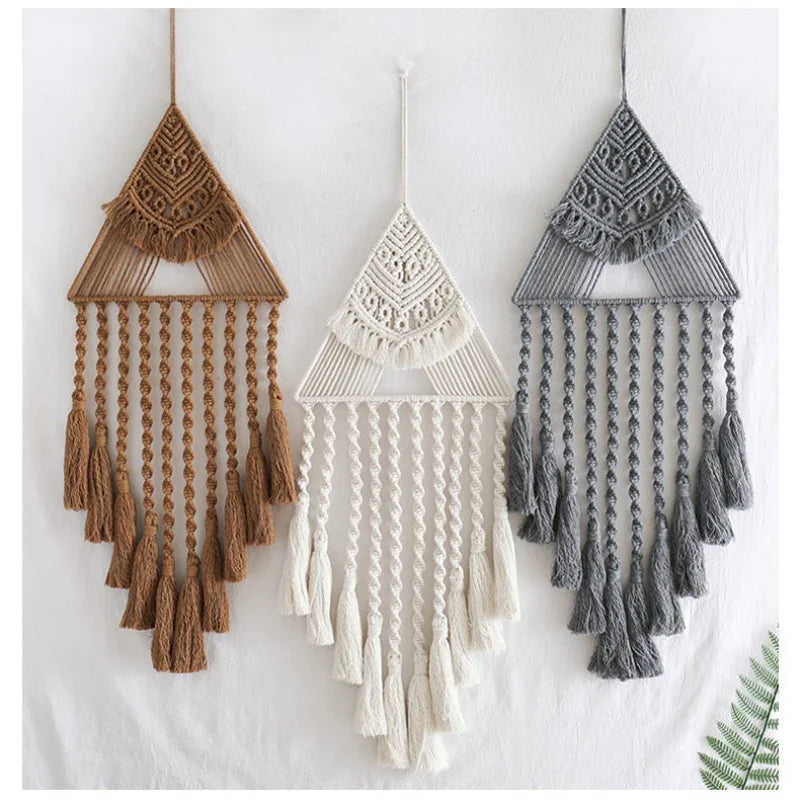 Macrame Dream Catcher Wall Hanging Decor Brown Triangle Woven Tassel Tapestry Art Boho Apartment Bedroom Door Home Decoration