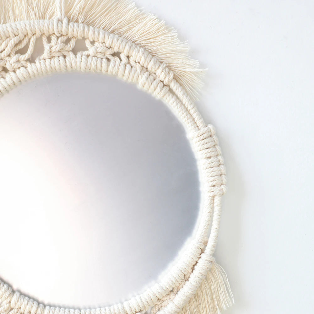 Boho Macrame Round Mirror Decorative Mirrors Aesthetic Room Decor Hanging Wall Mirror for Bedroom Living Room House Decoration
