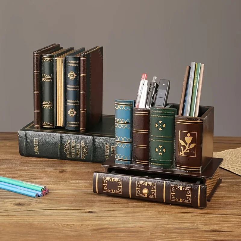 Vintage European Wooden Pen Holder - Creative Desk Organizer and Decorative Storage Box