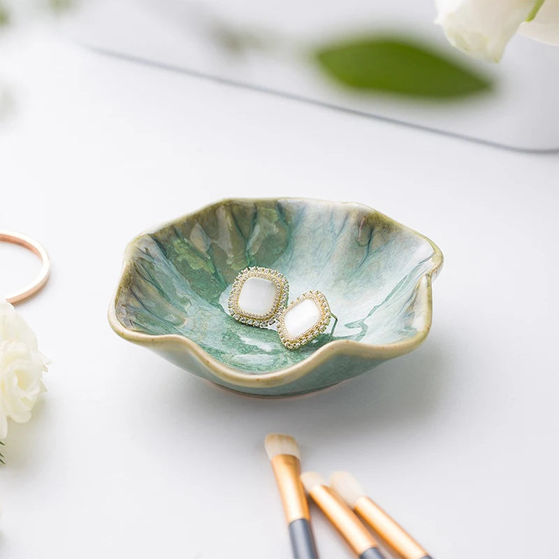 Lotus Ceramic Trays Green Creative Tray for Decoration Jewelry Plate Jewelry Organizer Containers Desktop Decor