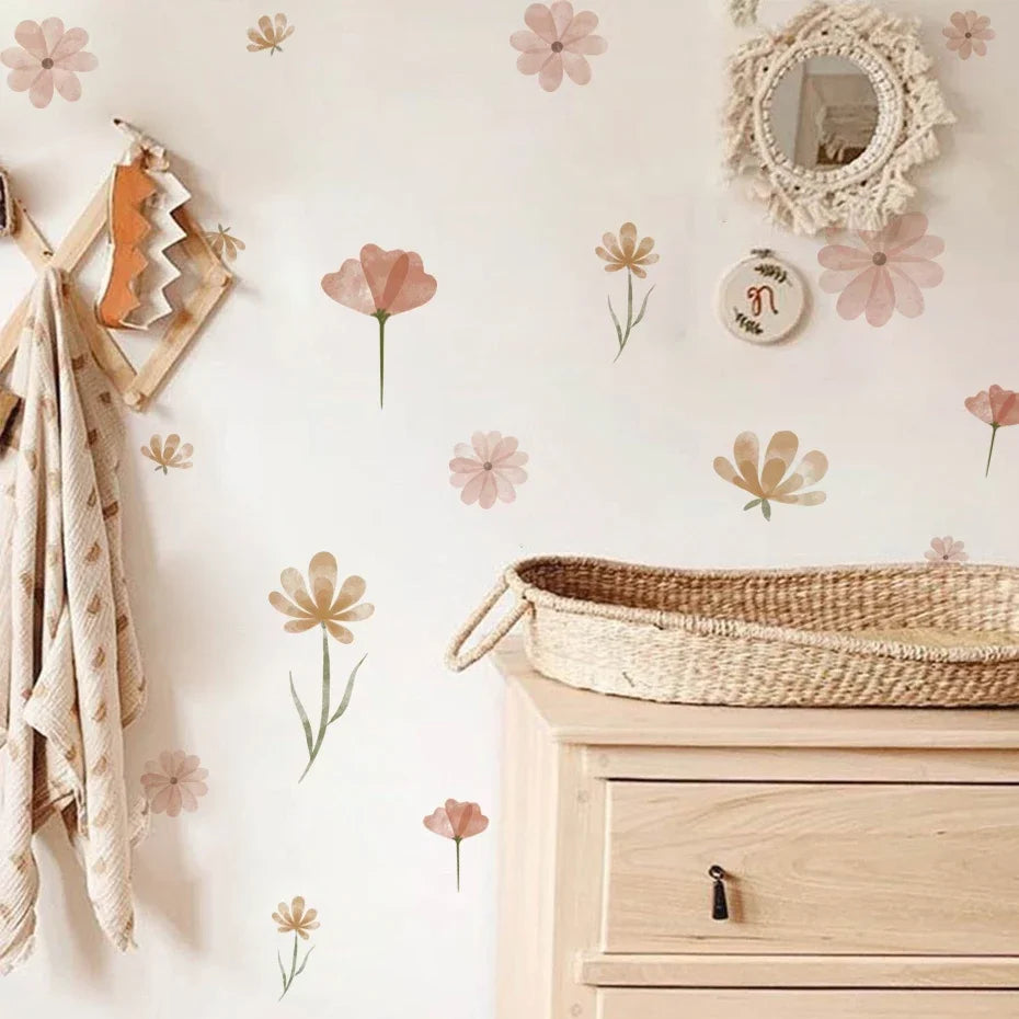 Boho Flowers Wall Stickers Child Watercolor Bedroom Living Room Home Decor Art Eco-frienly Removable Decals PVC Murals