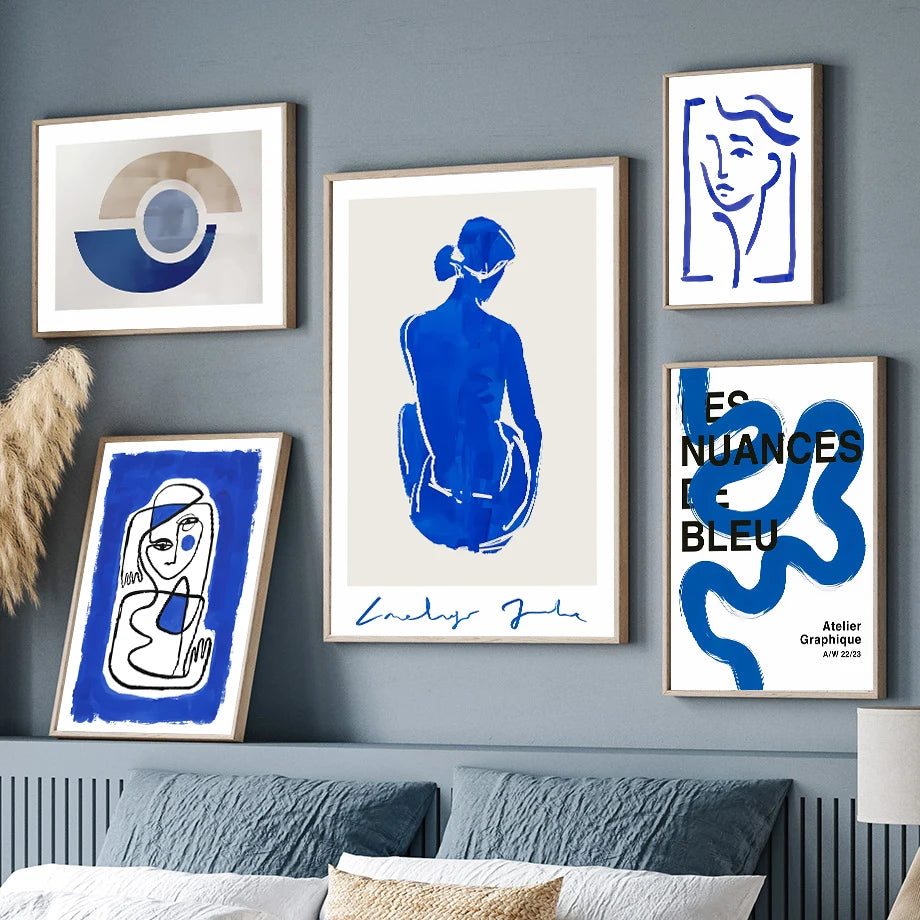 Scandinavian Simple Abstract Wall Art Blue Girl Body Lines Face HD Canvas Poster Print Home Bedroom Living Room Decoration